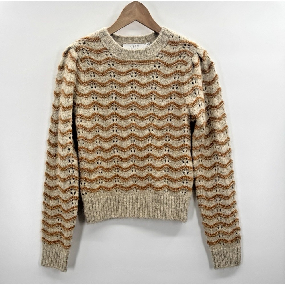 ASTR Women Small Sweater Alpaca Jaylani Striped Wavy Pointelle Knit Cottage Boho